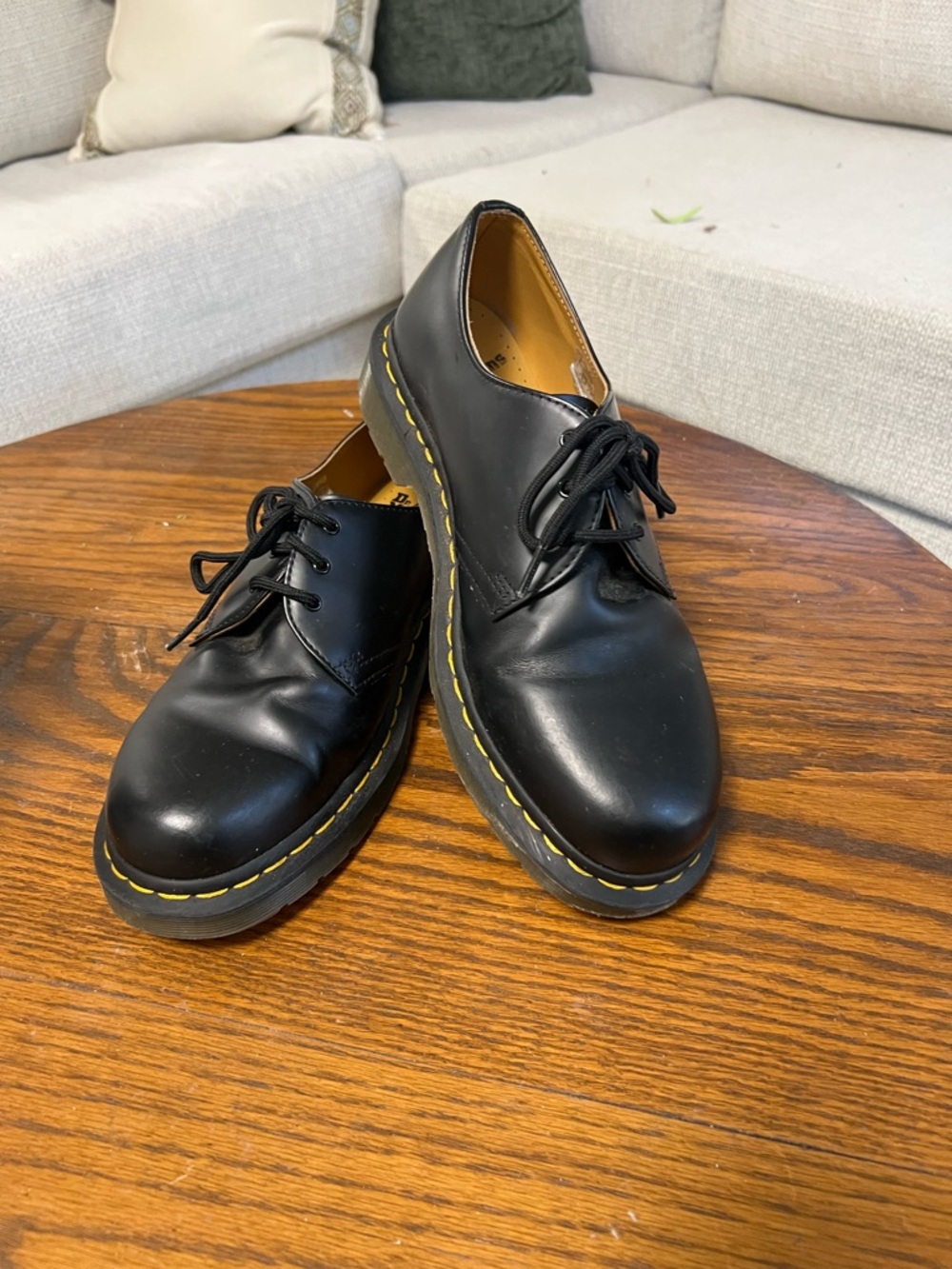 Dr. Martens Black Leather Lace-Up Shoes with Yellow Stitching